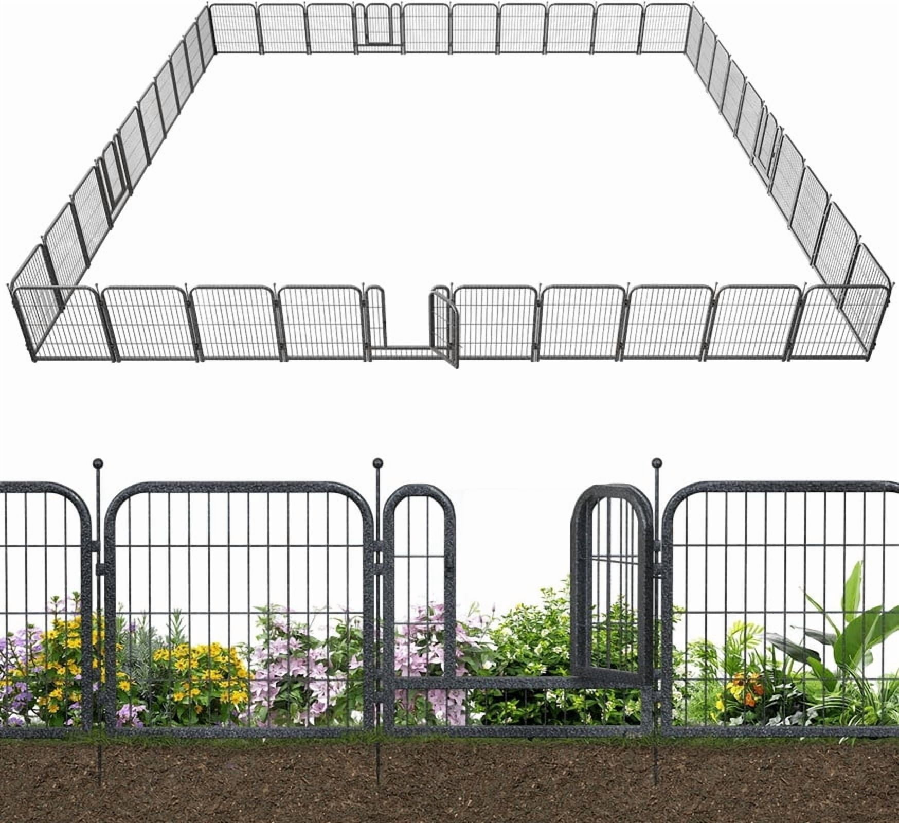 Petorldog Decorative Garden Metal Fence 92ft (L)×32in (H) with 35 Panels 5 Gates Outdoor, No Dig Fence, Animal Barrier Fencing for Outdoor Yard Patio Flower Bed（Black-Silver）