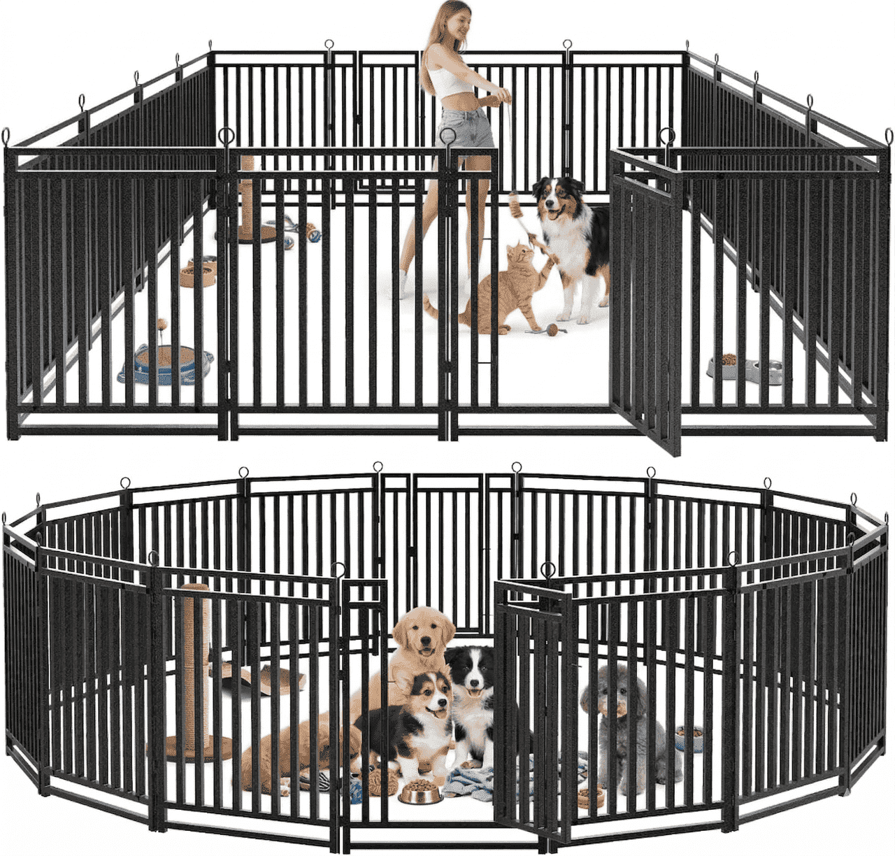 Petorldog 40" Metal Dog Playpen, 16 Panels Portable Fence for Indoor & Outdoor Use (Black-Silver)