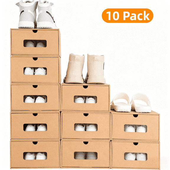 Petoto 10 Pack Cardboard Shoe Boxes with Lids & Clear Window - Stackable Shoe Storage Boxes, Kraft Drawer Organizer for Closet, Shelf, Under Bed, 13.8" x 9" x 5.3"