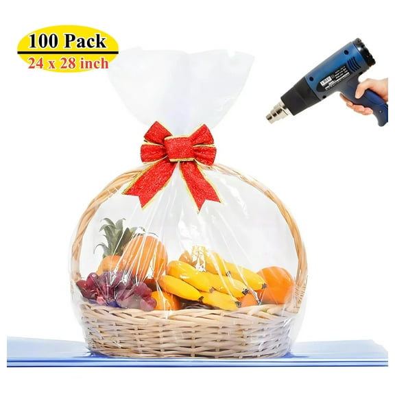 Petoto 100 Pack 24" x 28" Clear Cellophane Bags, Large Shrink Wrap Bags, Gift Basket Poly Bag for Wedding Party