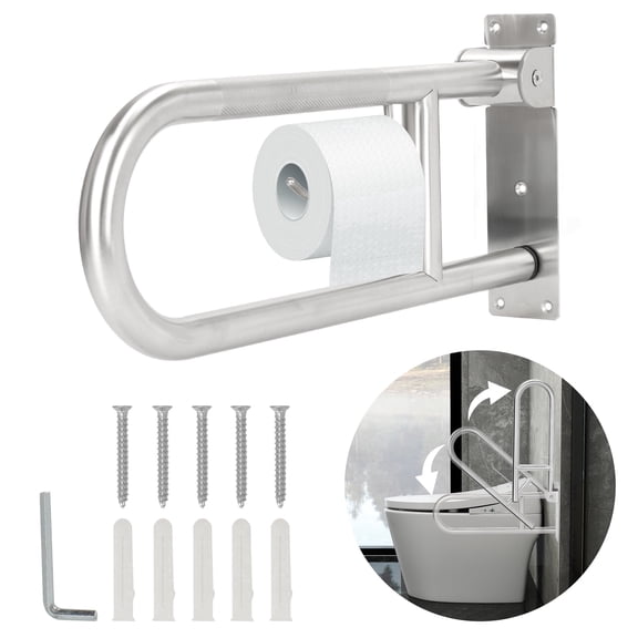 Petoto Toilet Grab Bar 23.6", Flip Up Bathroom Handicap Grab Bar with Paper Holder, Safety Handrails for Elderly Disabled Pregnant