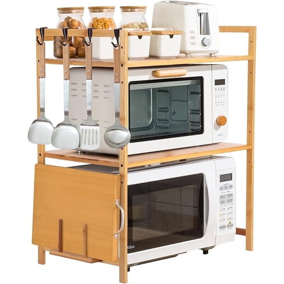 Petoto 3-Tier Bamboo Kitchen Baker's Rack, Microwave Oven Stand Kitchen Storage Shelf with 4 Hooks for Kitchen Counter, Natural