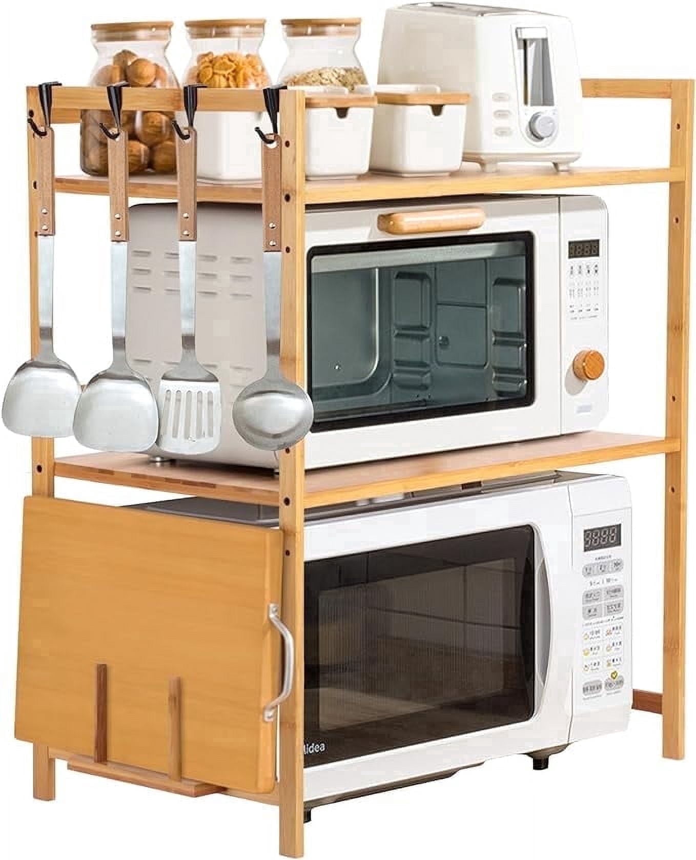 Petoto 3-Tier Bamboo Kitchen Baker's Rack, Microwave Oven Stand Kitchen Storage Shelf with 4 Hooks for Kitchen Counter, Natural