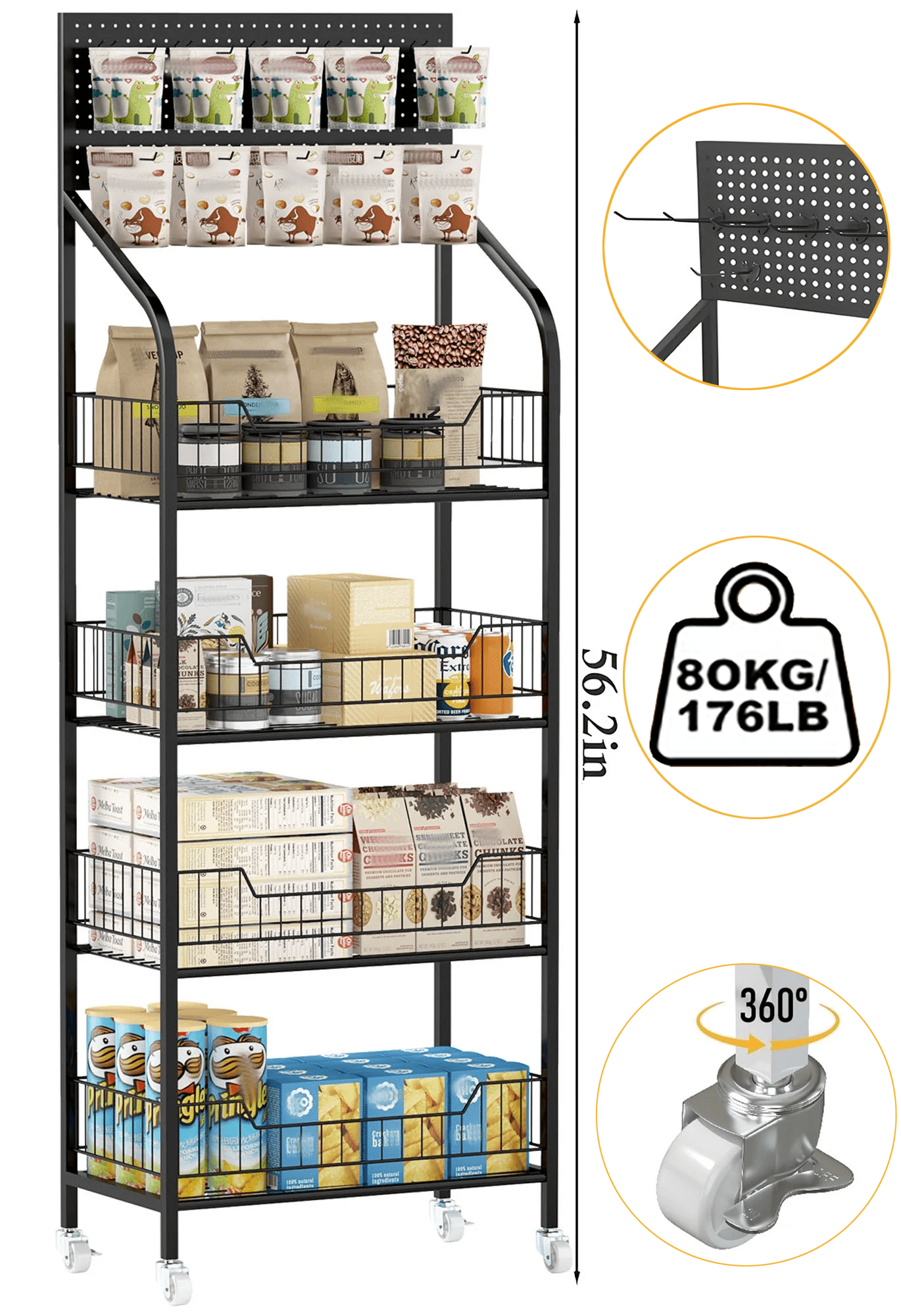Petoto 4-Tier Retail Display Rack, 19.6 x 10.6 x 56.2 inches Snack Candy Rack, Metal Fruit Stand Storage Shelf with Wheels and 10 Hooks