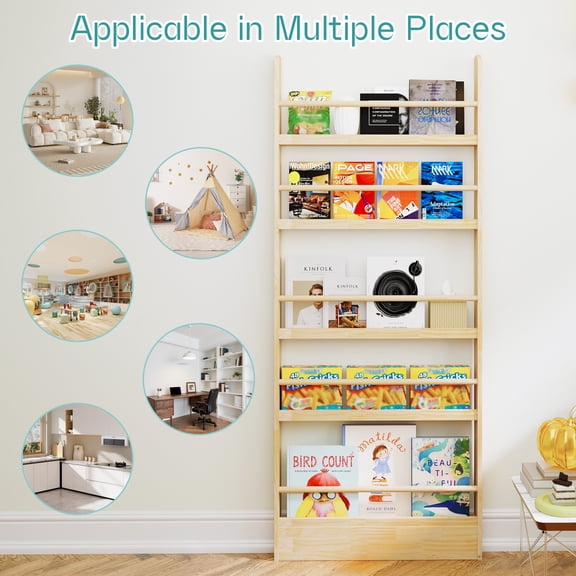 Petoto 5-Tier Behind The Door Bookshelf, Wall Mount Storage Shelf for Space-Saving Study Living Room Bedroom Playroom Wooden