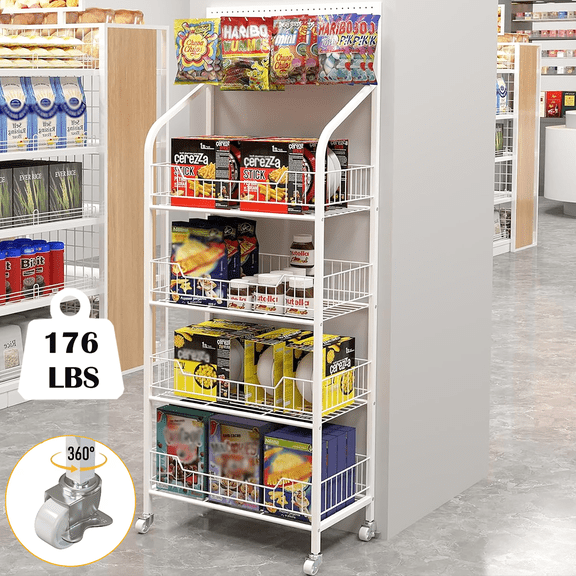 Petoto 55 in Large Retail Display Rack, 4-Tier Removable Commercial Snack Organizer with Wheels and 10 Hooks for Supermarket