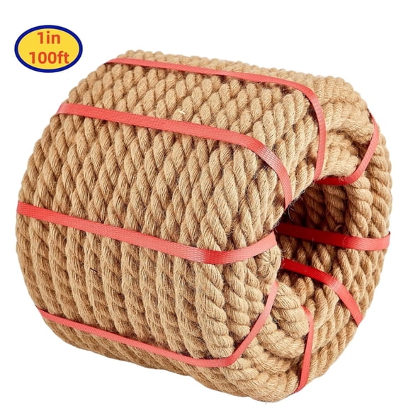 Petoto Jute Rope 1 in x 100 ft, Natural Hemp Rope, Heavy Duty 4 Strand Twisted Thick Rope for Tug of War, Nautical Decor, Crafts, Swing, Cat Scratching Rope