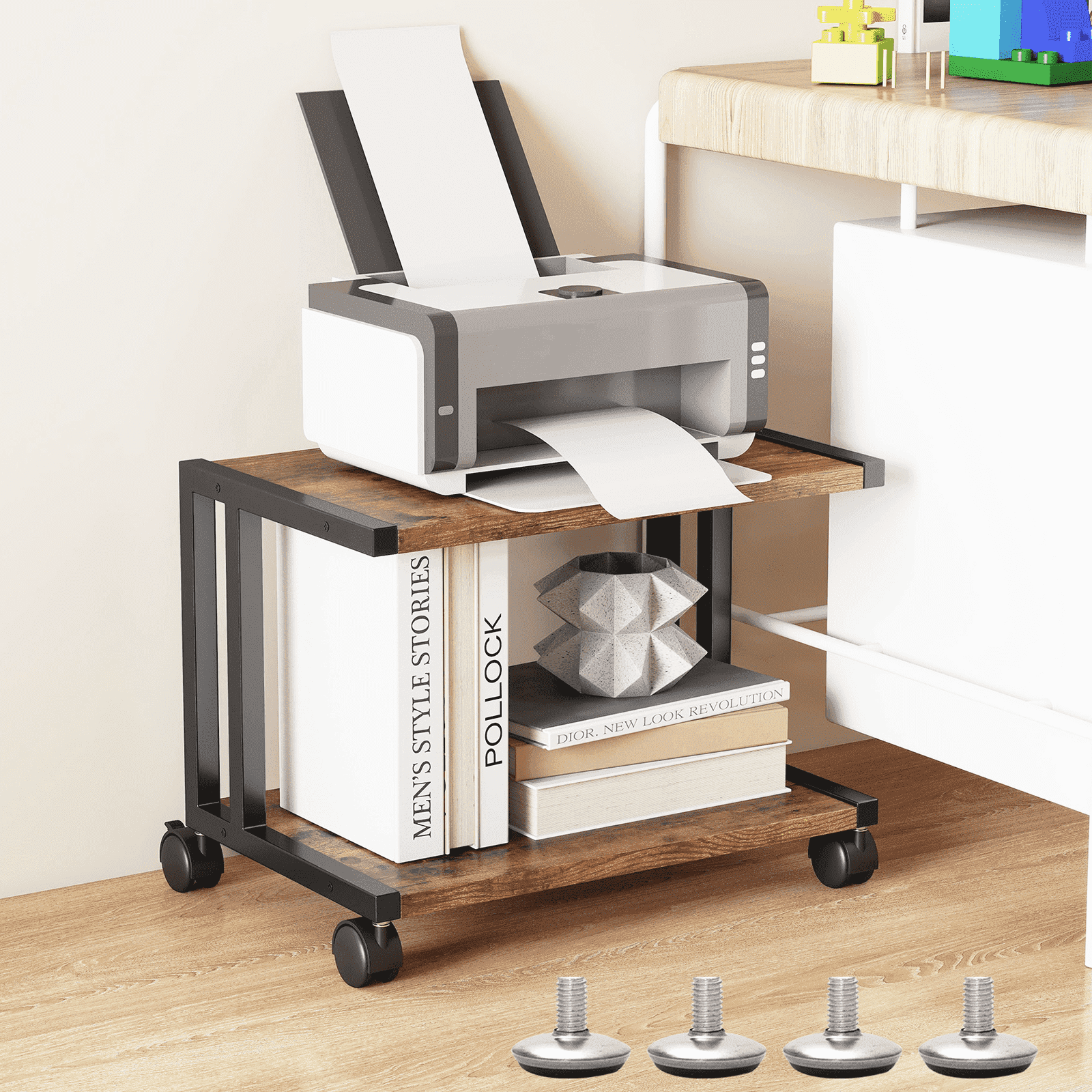 Petoto Printer Stand, 2 Tier Rolling Printer Table with Locking Wheels, Printer Cart for Under Desk, Home, Office, Rustic Brown