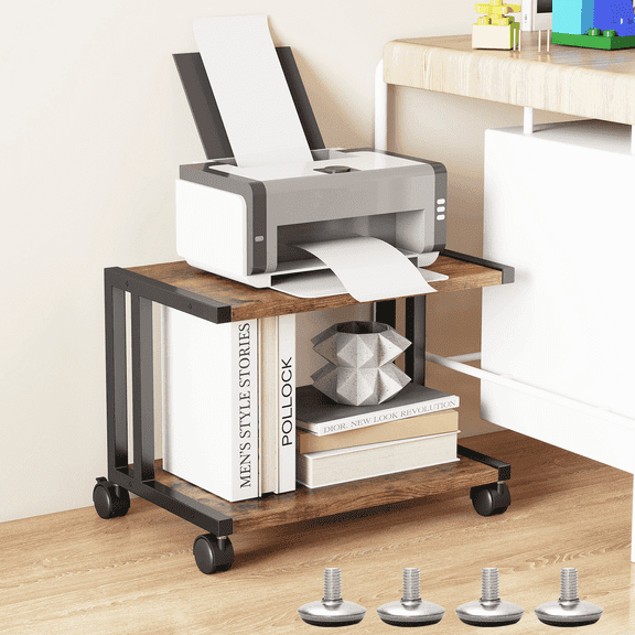 Petoto Printer Stand, 2 Tier Rolling Printer Table with Locking Wheels, Printer Cart for Under Desk, Home, Office, Rustic Brown