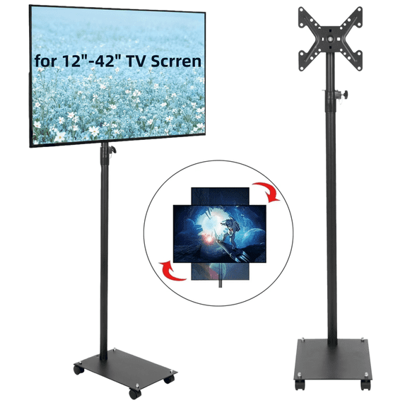 Petoto Mobile TV Floor Stand for 12"-42" TVs up to 55 lbs, Rolling TV Stand with Wheels Adjustable Height