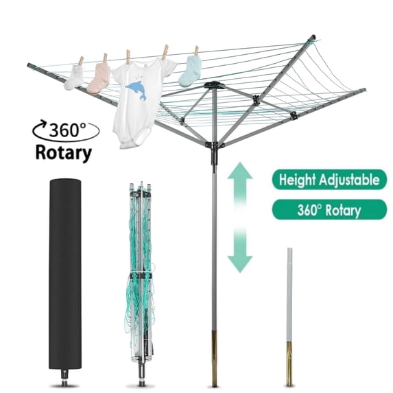 Petoto Rotary Outdoor Umbrella Drying Rack, Aluminum Adjustable 70.9" Height 12 Lines with 165 ft, Clothesline for Backyard, Gray