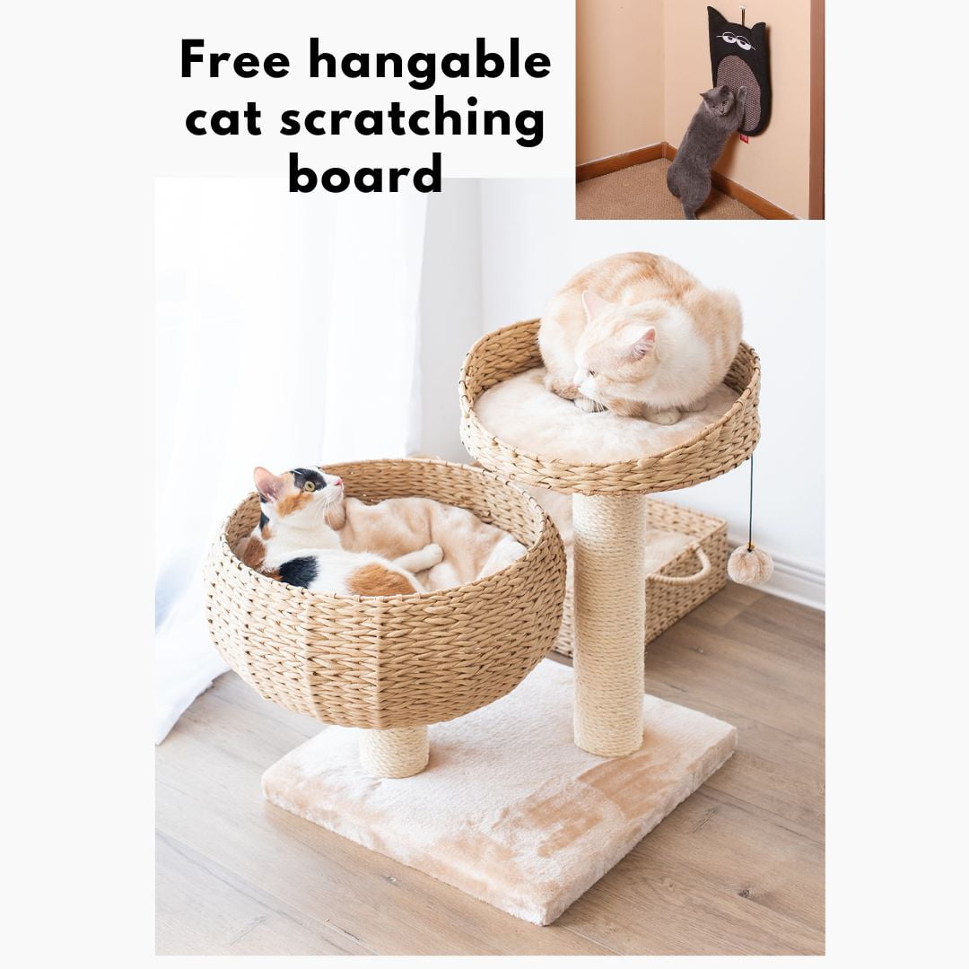 Petpals 23" Natural Cat Bed Small Cat Tree Plush Perch and Bowl Lounge