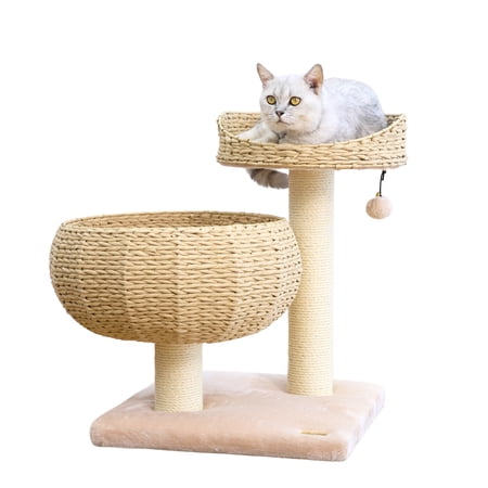 PetPals 3-Level Cat Tree with Two Handwoven Paper Rope Basket Beds, Sisal Scratching Post, Brown