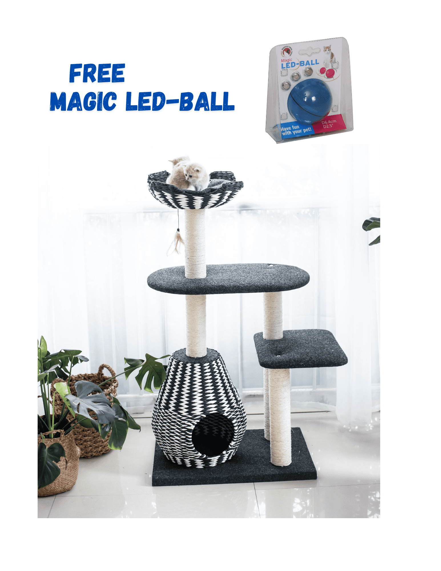 PetPals 49" Black and White Handwoven Cat Tree with Condo