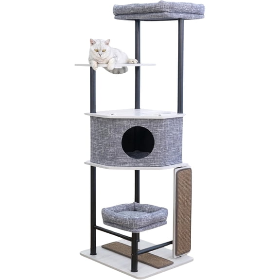 Petpals Heavy Duty Cat Tree with Durable Steel Frame and Laminated Board,Large Condo,Removable Top Bed,2 Replaceable Scratching Mats for Long-Lasting. (Light Gray)