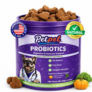 Petpel Probiotics for Dogs, 6 Billion CFU Prebiotics Digestive Enzymes Chews, 180 Chews, Digestive & Immune Support with Organic Pumpkin Chicory Root, Gut Balance Firm Stool