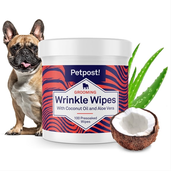 Petpost Bulldog Wrinkle Wipes - 100 Pre-Soaked Cotton Pads with Coconut Oil & Aloe - Gentle Cleanser for Pug, Bulldog & Wrinkly Breed Folds