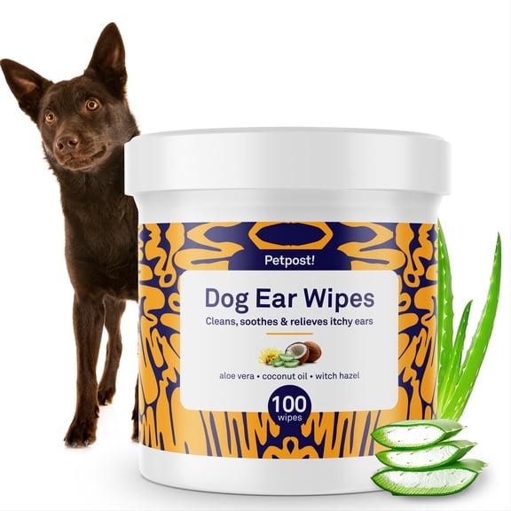 Petpost Dog Ear Cleaner Wipes - 100 Soft Cotton Pads with Coconut Oil & Aloe Solution - Alcohol-Free Daily Cleanser for Wax, Dirt & Odor - Safe for All Breeds.