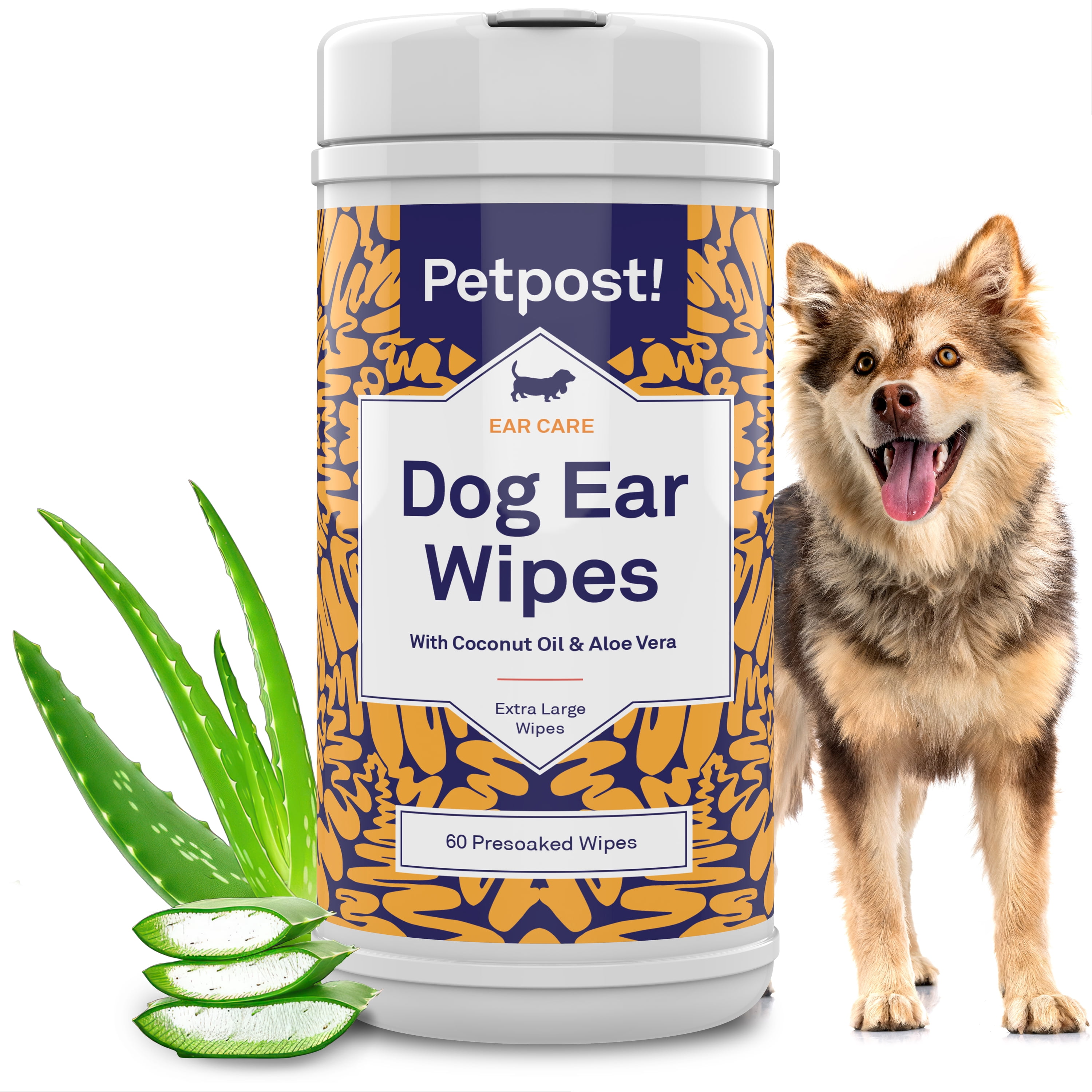 Petpost Large Dog Ear Cleaner Wipes - 60 XL Cotton Pads with Coconut Oil & Aloe Solution - Gentle Daily Cleanser for Wax, Dirt & Odor - Alcohol-Free, Vet-Approved