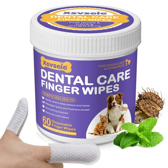 Petpya Pet Teeth Cleaning Wipes, Dog Teeth Cleaning Finger Wipes for Cat Breath Freshener Dental Disposable Gentle Cleaning & Gum Care Pet Wipes 60 Pcs
