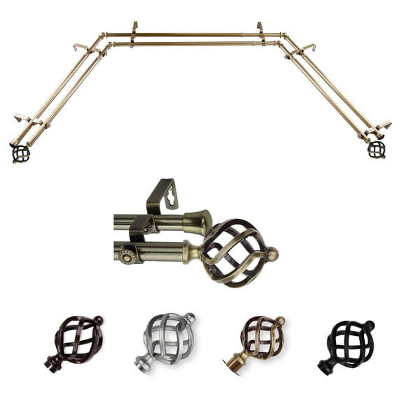 Petra 13/16" Bay Window Double Curtain Rod 20"-36", 38"-72" - Antique Brass