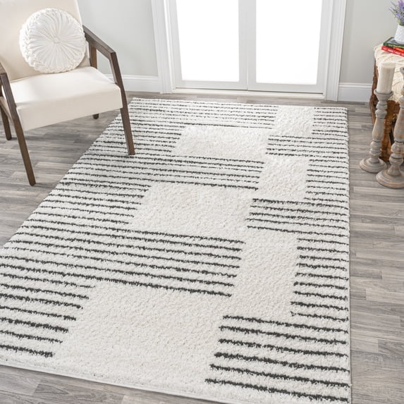 JONATHAN Y MOROCCAN HYPE 3 x 5 Area Rug, Petra Abstract Stripe Geometric Shag - White/Gray, MOH407A-3