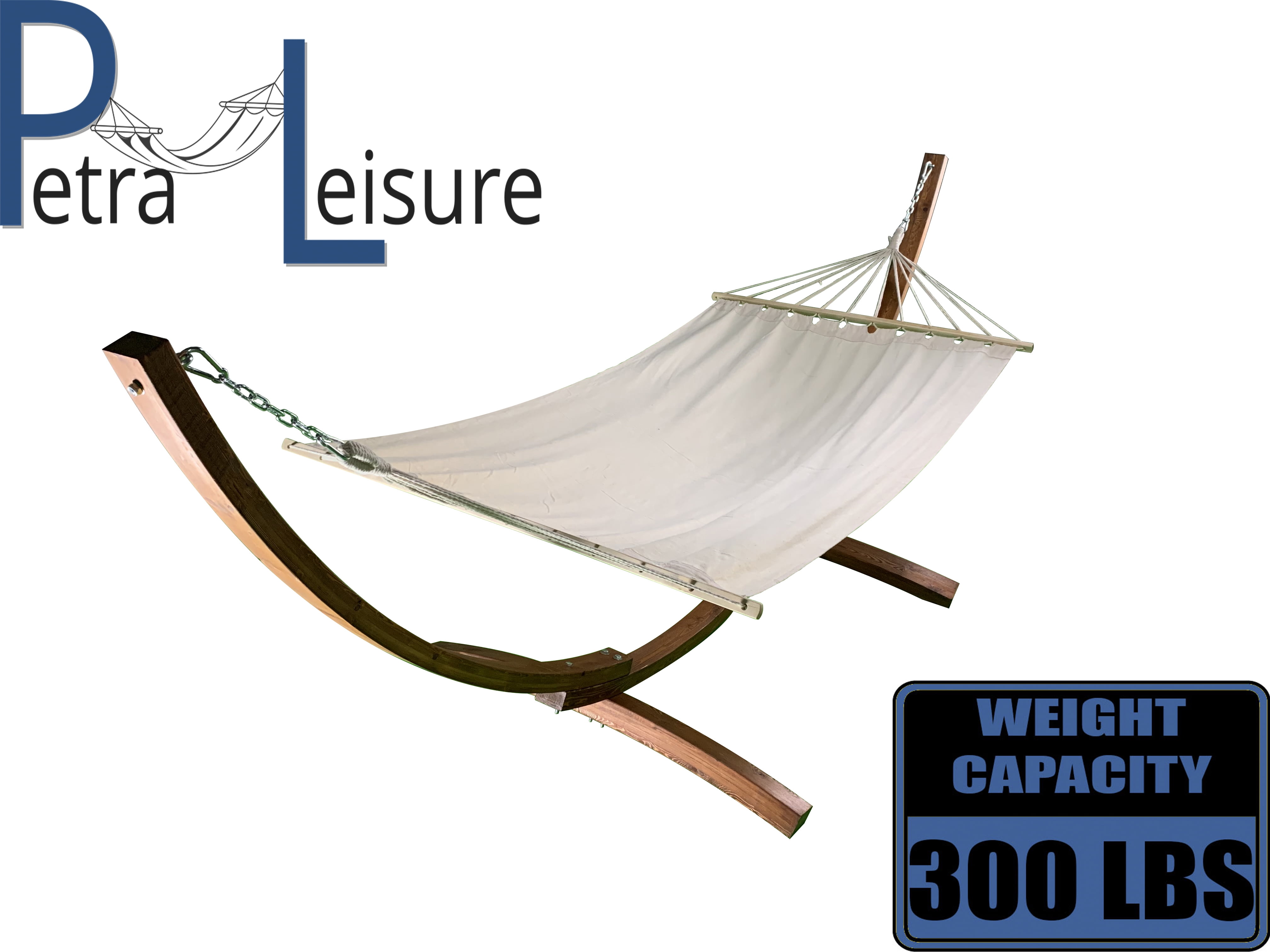 Petra Leisure, 12 Ft. Water Treated Wooden Arc Hammock Stand + Premium Quilted, Double Padded Hammock Bed. 1 Person Bed. 300 LB Capacity(Teak Stain/Beige)