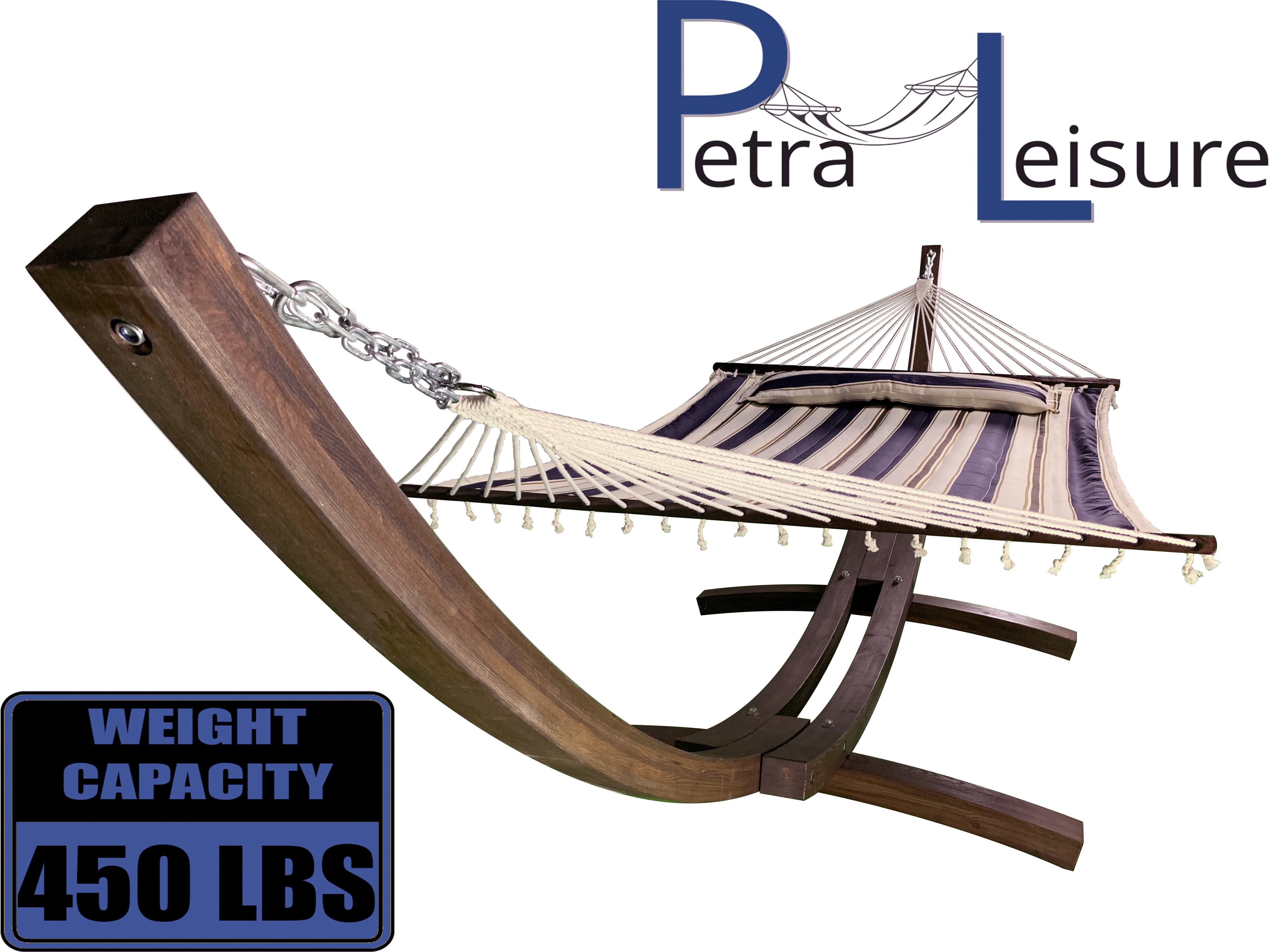 Petra Leisure 14 Ft. Coffee Stain Wooden Arc Hammock Stand + Deluxe Quilted Elegant Blue Stripe, Double Padded Hammock Bed w/Pillow. 2 Person Bed. 450 LB Capacity&nbsp;