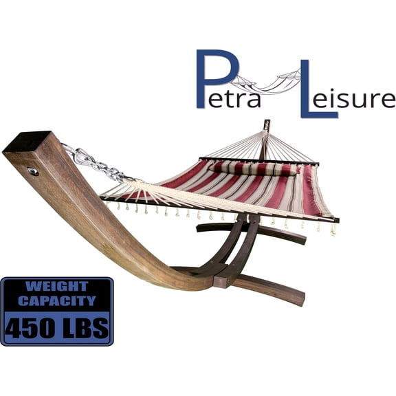 Petra Leisure 14 Ft. Coffee Stain Wooden Arc Hammock Stand + Deluxe Quilted Elegant Fiesta Stripe, Double Padded Hammock Bed w/Pillow. 2 Person Bed. 450 LB Capacity 