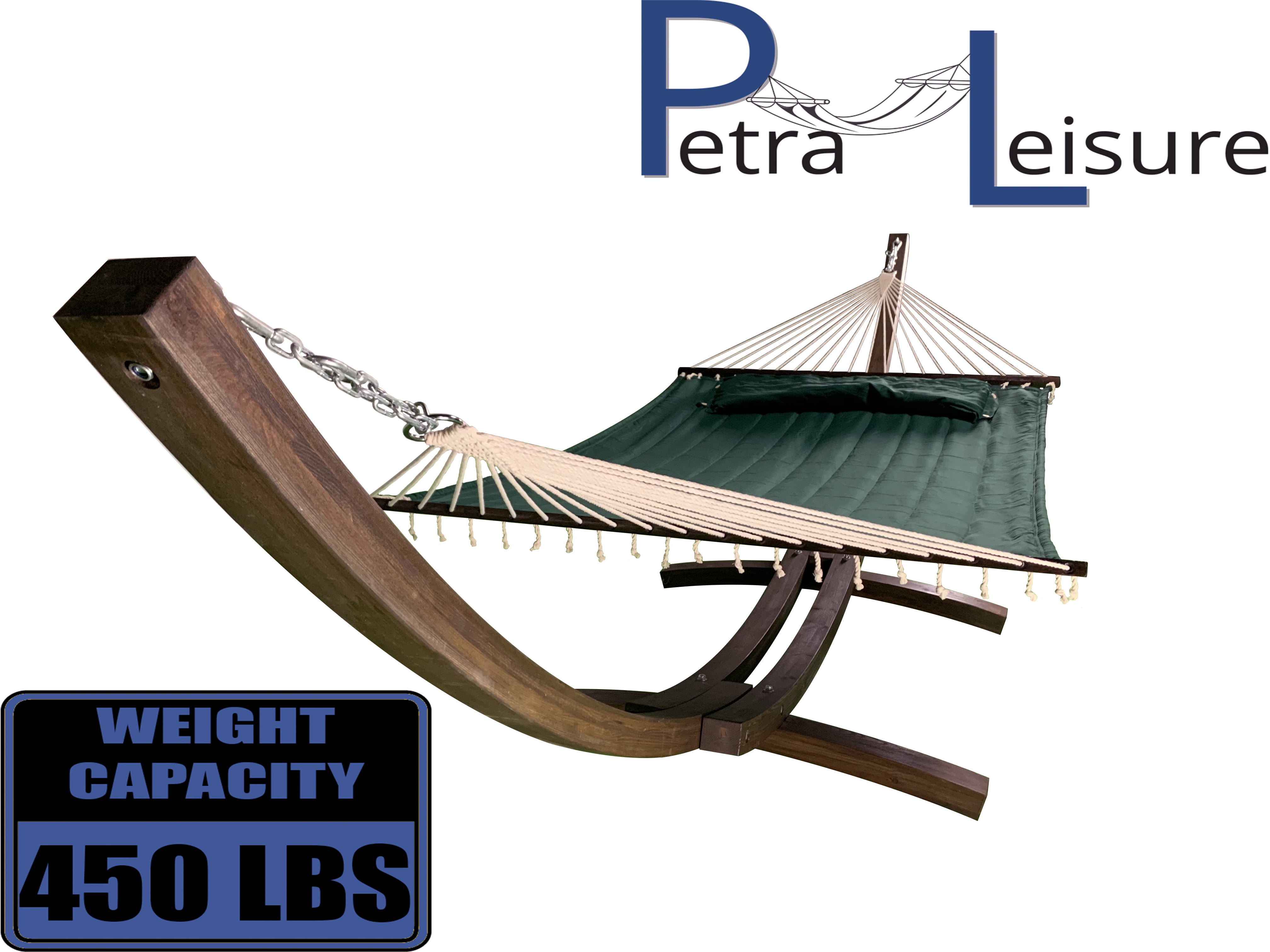 Petra Leisure 14 Ft. Coffee Stain Wooden Arc Hammock Stand + Deluxe Quilted Elegant Hunter Green, Double Padded Hammock Bed w/Pillow. 2 Person Bed. 450 LB Capacity&nbsp;