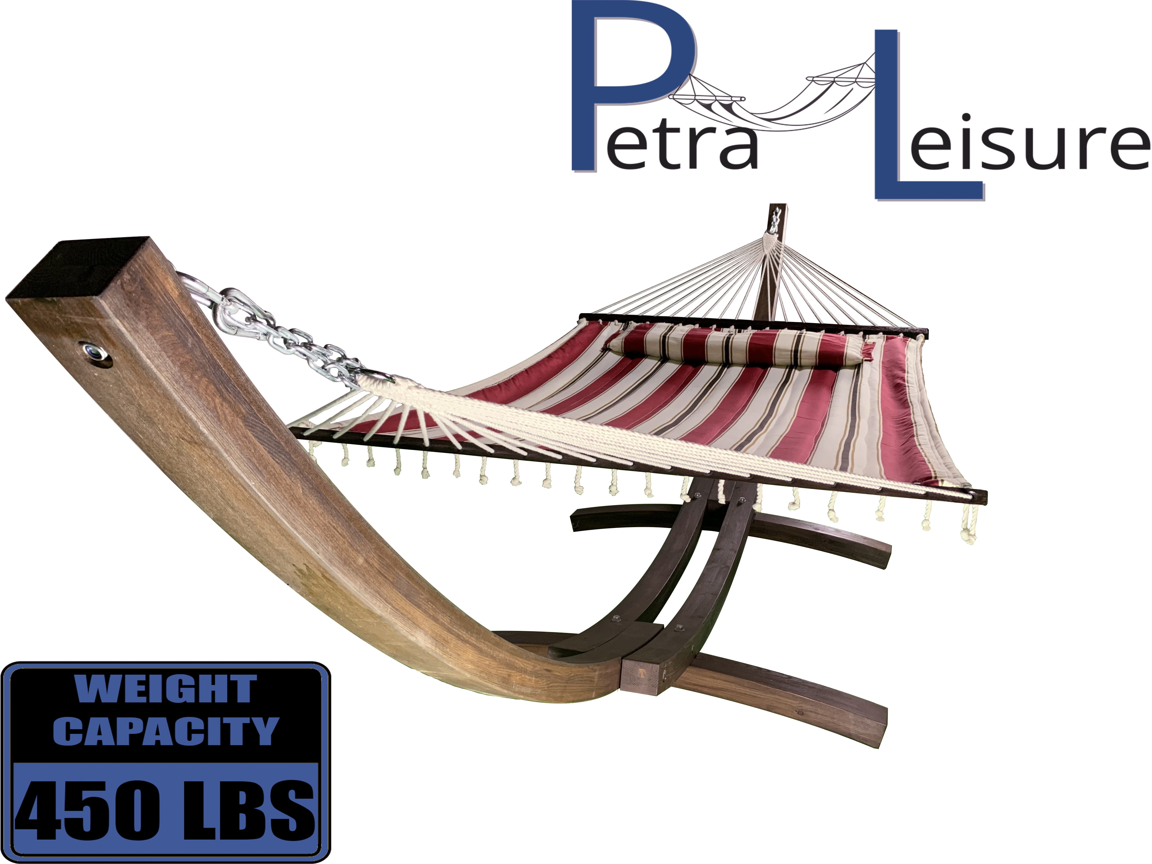 Petra Leisure 14 Ft. Coffee Stain Wooden Arc Hammock Stand + Deluxe Quilted Elegant Red Stripe, Double Padded Hammock Bed w/Pillow. 2 Person Bed. 450 LB Capacity&nbsp;