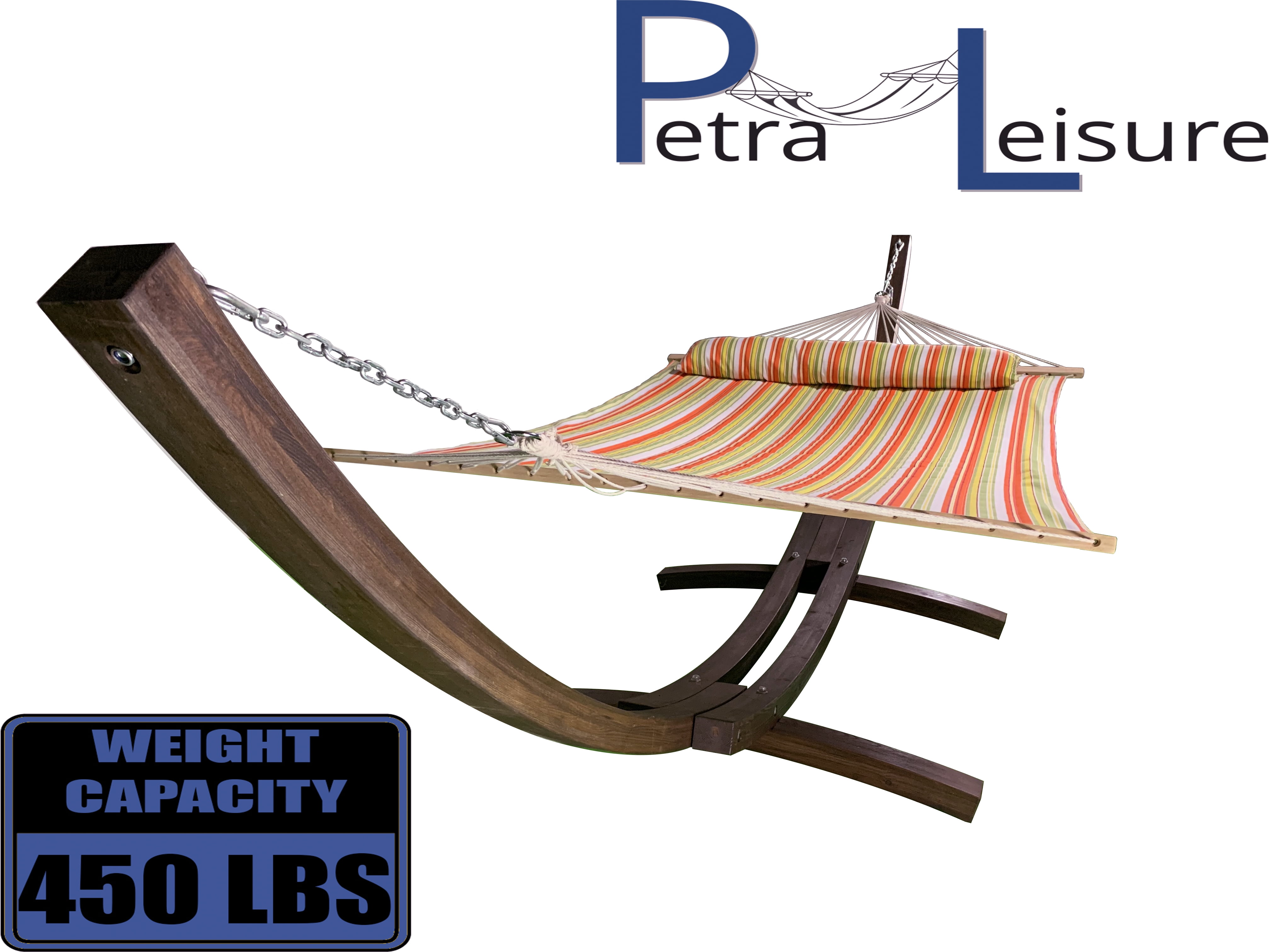 Petra Leisure 14 Ft. Coffee Stain Wooden Arc Hammock Stand + Deluxe Quilted Elegant Spring Stripe, Double Padded Hammock Bed w/Pillow. 2 Person Bed. 450 LB Capacity&nbsp;