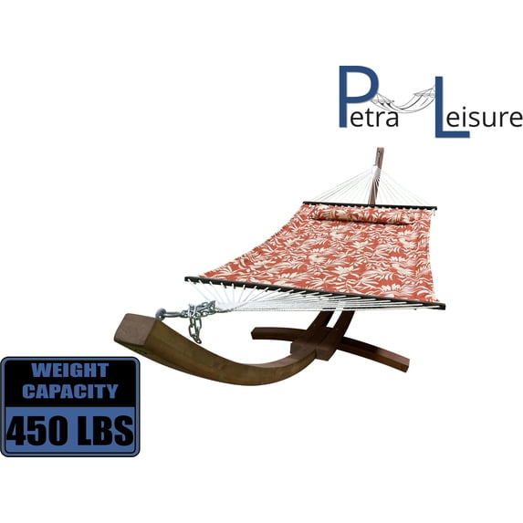 Petra Leisure 14 Ft. Teak Wooden Arc Hammock Stand + Deluxe Quilted Elegant Floral, Double Padded Hammock Bed w/Pillow. 2 Person Bed. 450 LB Capacity