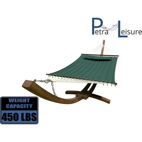 Petra Leisure 14 Ft. Teak Wooden Arc Hammock Stand + Deluxe Quilted Elegant Hunter Green, Double Padded Hammock Bed w/Pillow. 2 Person Bed. 450 LB Capacity&nbsp;