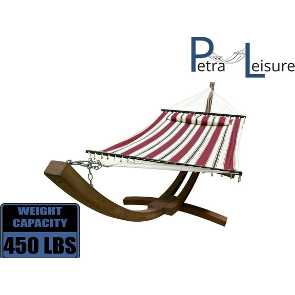 Petra Leisure 14 Ft. Teak Wooden Arc Hammock Stand + Deluxe Quilted Elegant Red Stripe, Double Padded Hammock Bed w/Pillow. 2 Person Bed. 450 LB Capacity&nbsp;