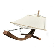 Petra Leisure 14 Ft. Teak Wooden Arc Hammock Stand + Quilted Beige Color, Double Padded Hammock Bed. 2 Person Bed. 450 LB Capacity
