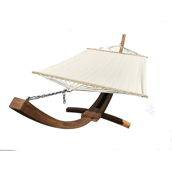 Petra Leisure 14 Ft. Teak Wooden Arc Hammock Stand + Quilted Beige Color, Double Padded Hammock Bed. 2 Person Bed. 450 LB Capacity