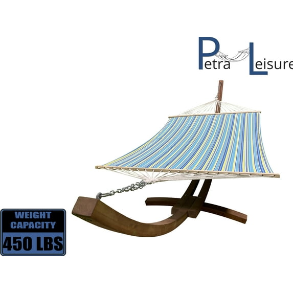 Petra Leisure 14 Ft. Teak Wooden Arc Hammock Stand + Quilted Teal/Yellow Color, Double Padded Hammock Bed. 2 Person Bed. 450 LB Capacity