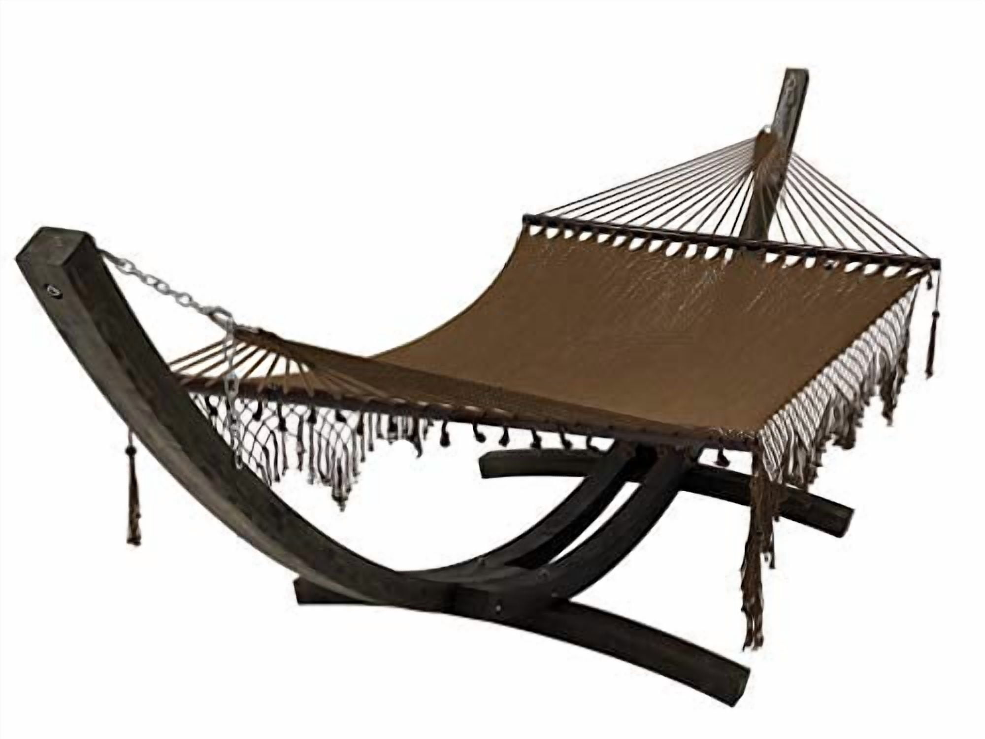 Petra Leisure 14 Ft. Wooden Arc Hammock Stand + Deluxe Hand Woven Bohemian Chic Rope Hammock Bed. 2 Person Bed. 450 LB Capacity