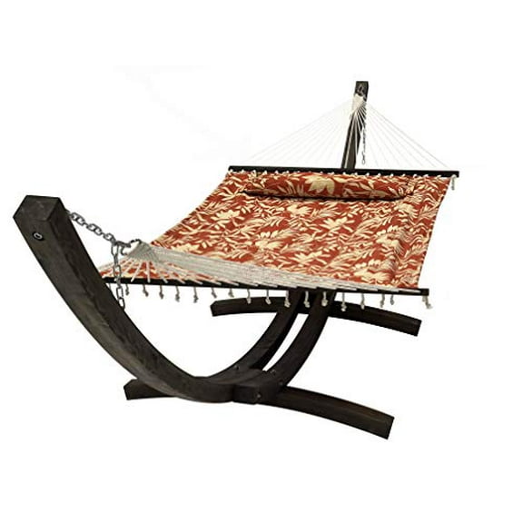 Petra Leisure 14 Ft. Wooden Arc Hammock Stand + Deluxe Quilted Elegant Floral Double Padded Hammock Bed w/Pillow. 2 Person Bed. 450 LB Capacity