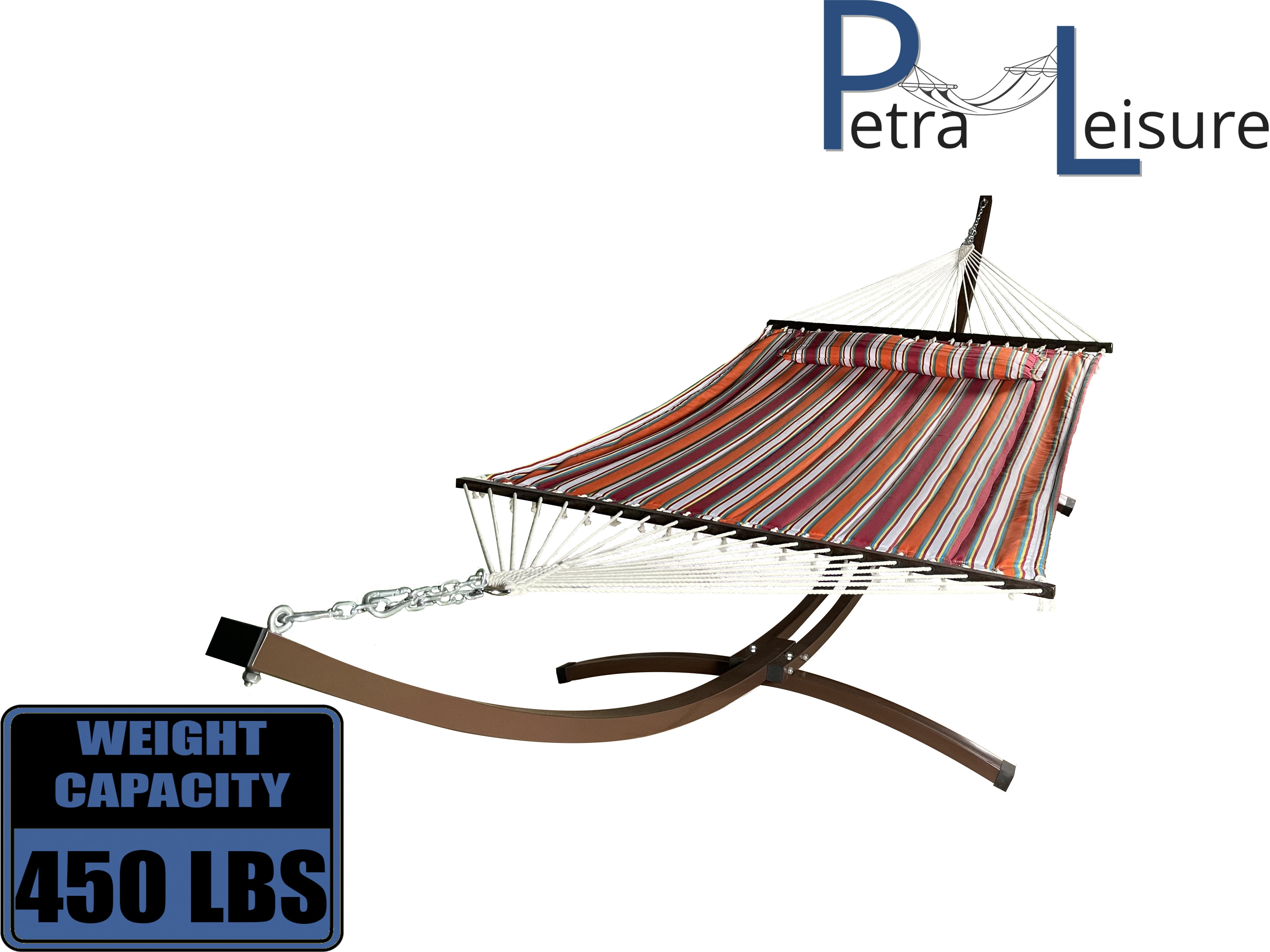 Petra Leisure 15 Ft. Indoor/Outdoor Heavy Duty Brown Steel Arc Hammock Stand & Premium Quilted Hammock Bed w/Pillow.(Elegant Fiesta Stripe)