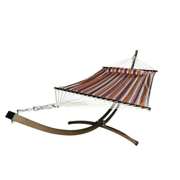 Petra Leisure 15 Ft. Indoor/Outdoor Heavy Duty Textured Bronze Steel Arc Hammock Stand & Premium Quilted Hammock Bed w/Pillow.(Elegant Fiesta Stripe)