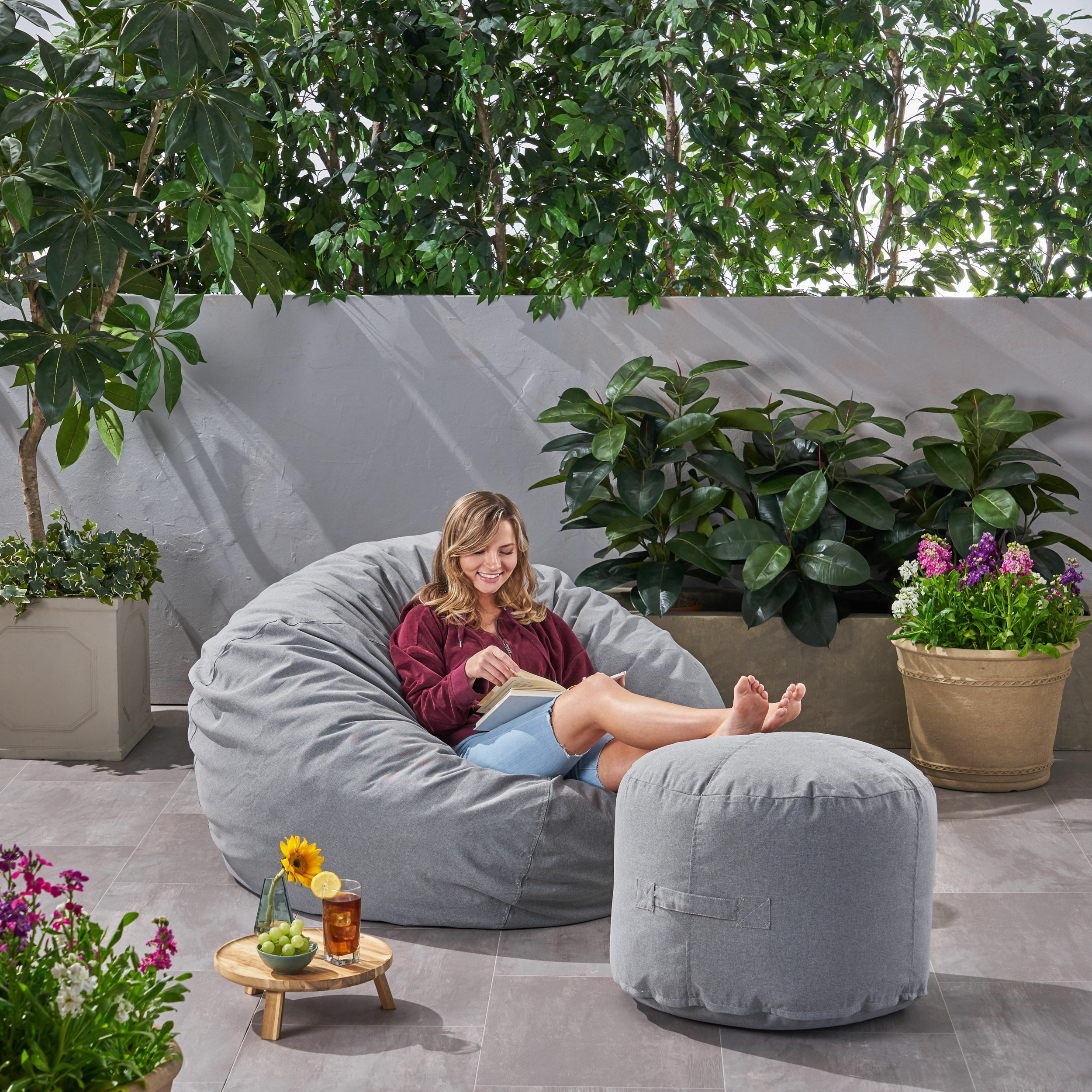 Petra Outdoor Water Resistant Fabric 4.5' Bean Bag and 2' Ottoman Pouf Set,  Charcoal 