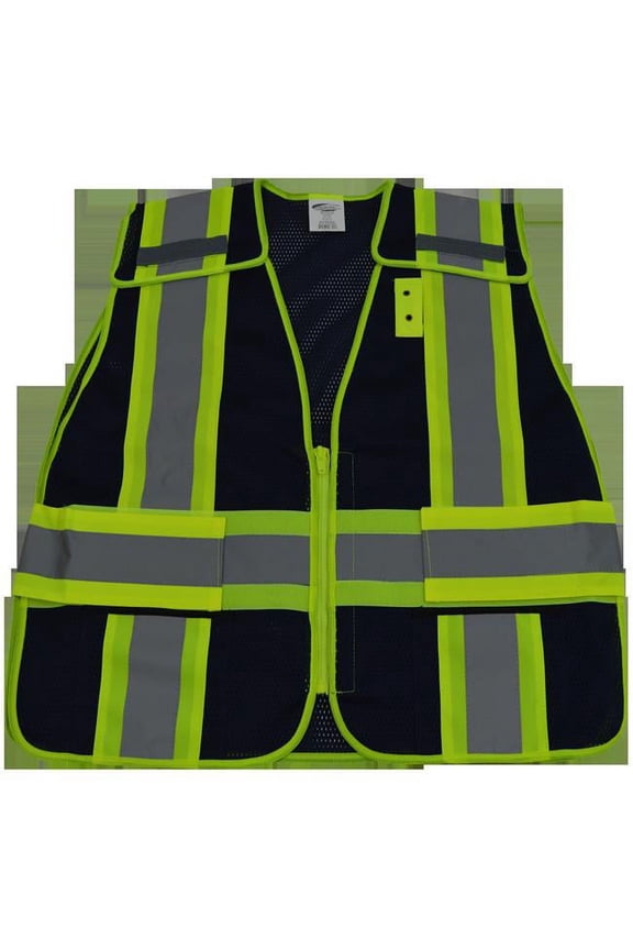 2 in. Navy Blue Mesh & Lime Green Contrast Expandable 5 Point Breakaway Vest Silver Reflective Tapes, 2 Pockets Mic-Tabs, Plus 2X & 5X