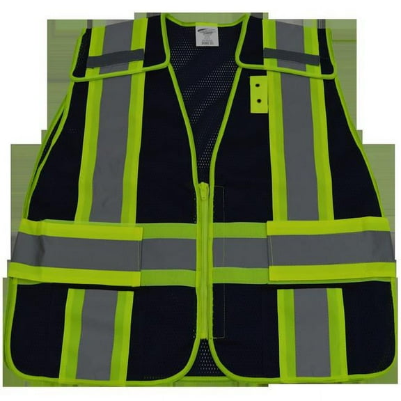 Petra Roc 2 in. Navy Blue Mesh & Lime Green Contrast Expandable 5 Point Breakaway Vest Silver Reflective Tapes, 2 Pockets Mic-Tabs, Plus 2X & 5X