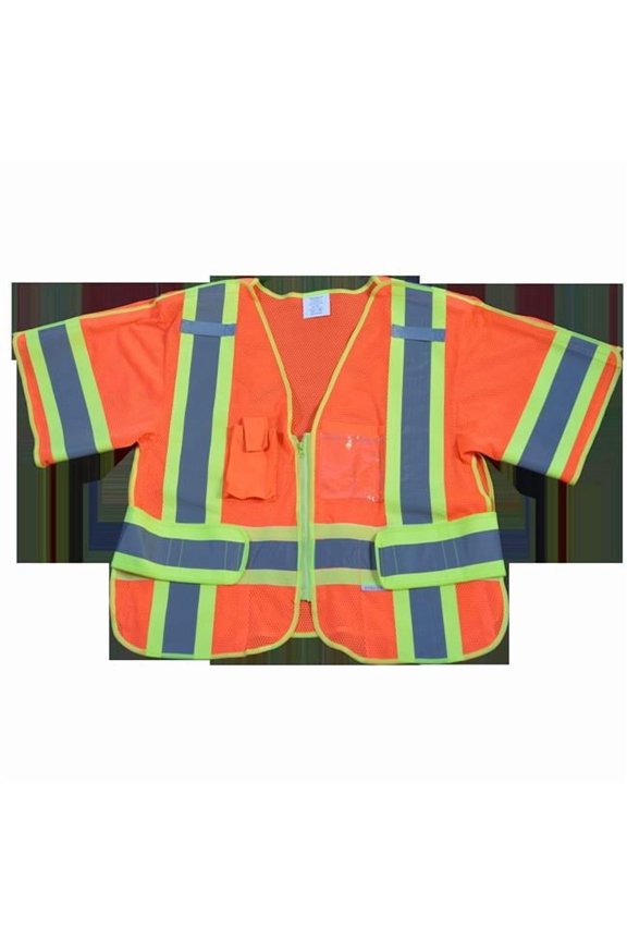 4 in. Safety Vest Orange Mesh with Lime Contrast Binding & Trim Ansi-Isea Class 3, 207-2006 - 5-Point Breakaway Adjustable Side Bands, Regular Fits Small & Extra Large