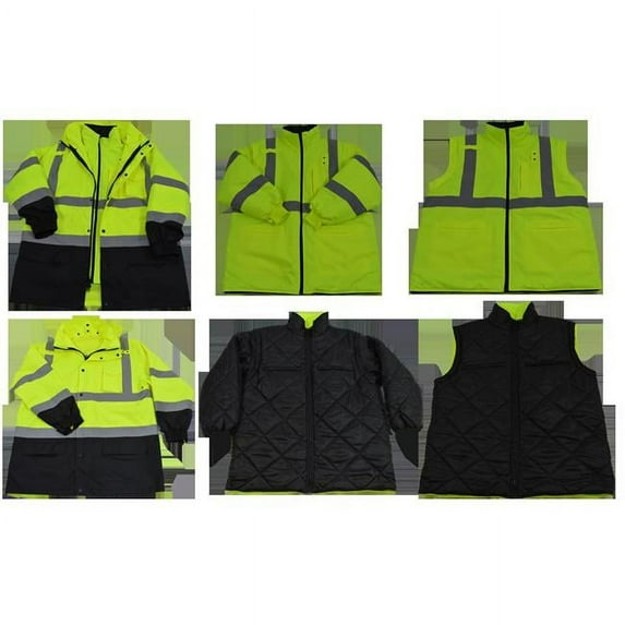 Petra Roc LBPJ6IN1-C3-2X Lime & Black Two Tone Waterproof 6-In-1 Parka Jacket Ansi Class 3 Light Weight Outer Jacket & Thermal Inner Inner Jacket Removable Hood, 2X