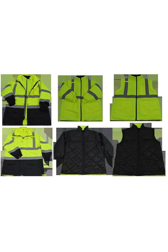 LBPJ6IN1-C3-6X Lime & Black Two Tone Waterproof 6-In-1 Parka Jacket Ansi Class 3 Light Weight Outer Jacket & Thermal Inner Inner Jacket Removable Hood, 6X