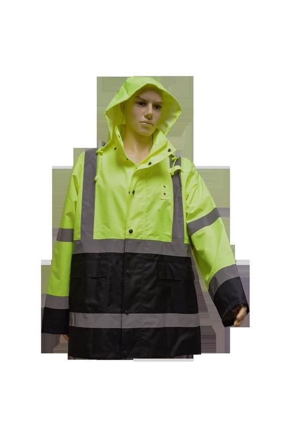 LBRJK-C3-4X Rain Parka Jacket ANSI-ISEA Class 3 Waterproof, Two Tone Lime & Black with Detachable Hood Storm Flap & Zipper & Snap Closure No Lining, 4X