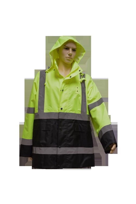 LBRJK-C3-M Rain Parka Jacket ANSI-ISEA Class 3 Waterproof, Two Tone Lime & Black with Detachable Hood Storm Flap & Zipper & Snap Closure No Lining, Medium